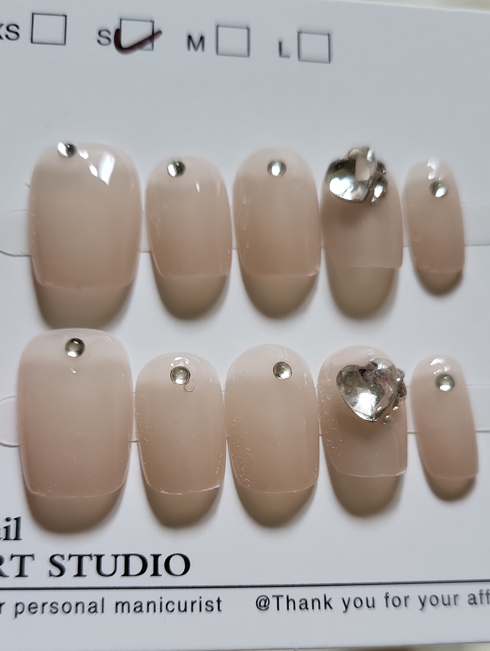 (S)🎀Handmade Nail Art Soft Pink Round Style w/ Rhinestone Press On Nails